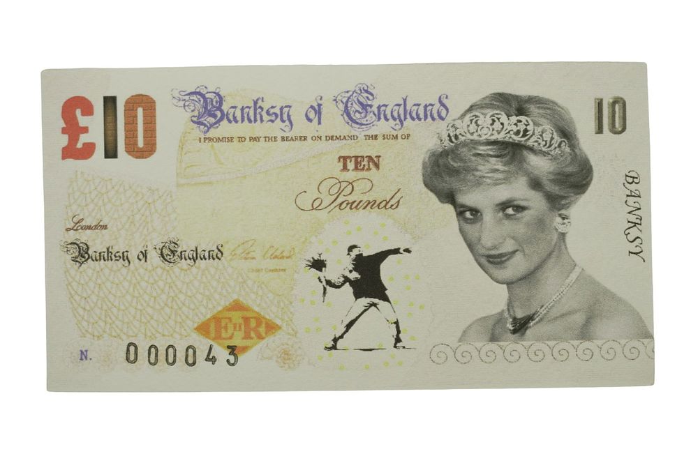 Lot 187: BANKSY DI FACED 10 POUND NOTE FLOWER THROWER