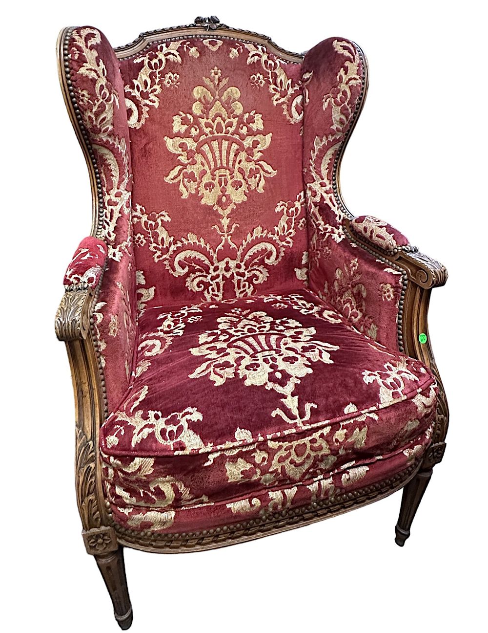 Lot 202: 19th c LOUIS XVI RED VELVET DAMASK WINGBACK CHAIR