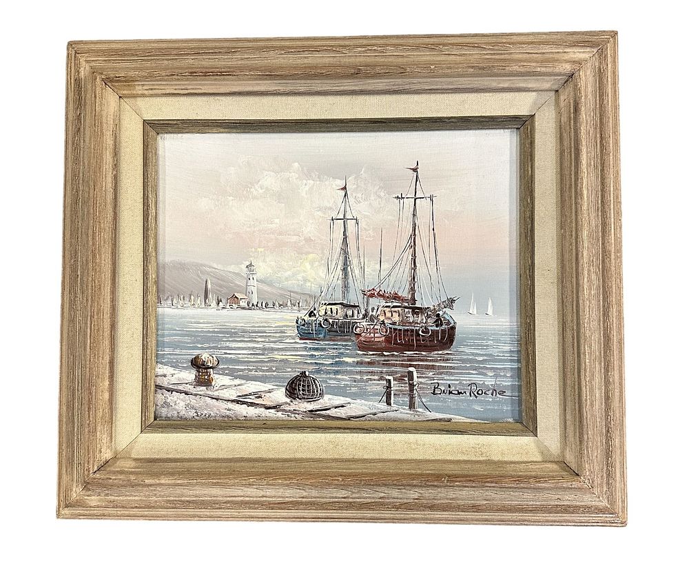 Lot 223: BRIAN ROCHE SIGNED OIL PAINTING HARBOR SCENE