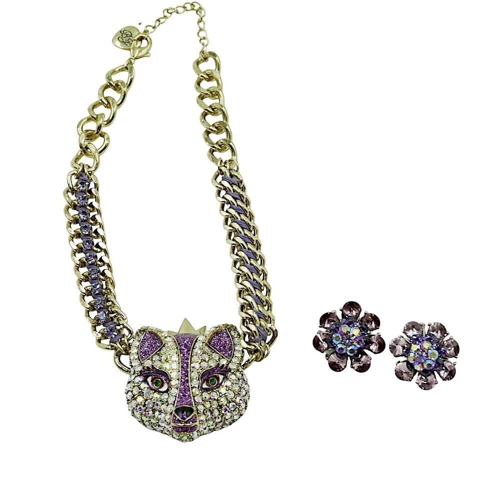 Lot 225: VINTAGE BETSEY JOHNSON PURPLE FOX NECKLACE AND FLOWER EARRINGS