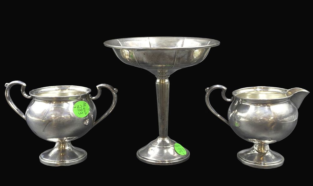 Lot 283: 3 pc STERLING SILVER COMPOTE, CREAM & SUGAR