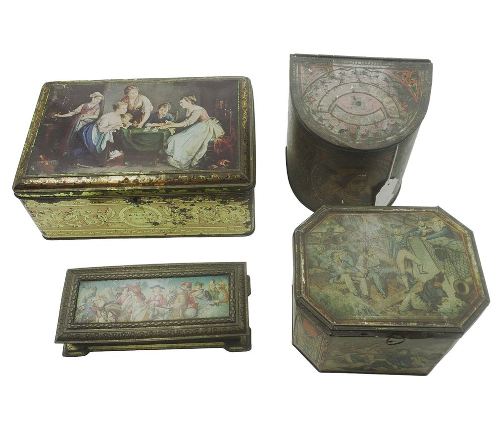 Lot 291: 4 ANTIQUE COLLECTIBLE TIN LITHO BOXES