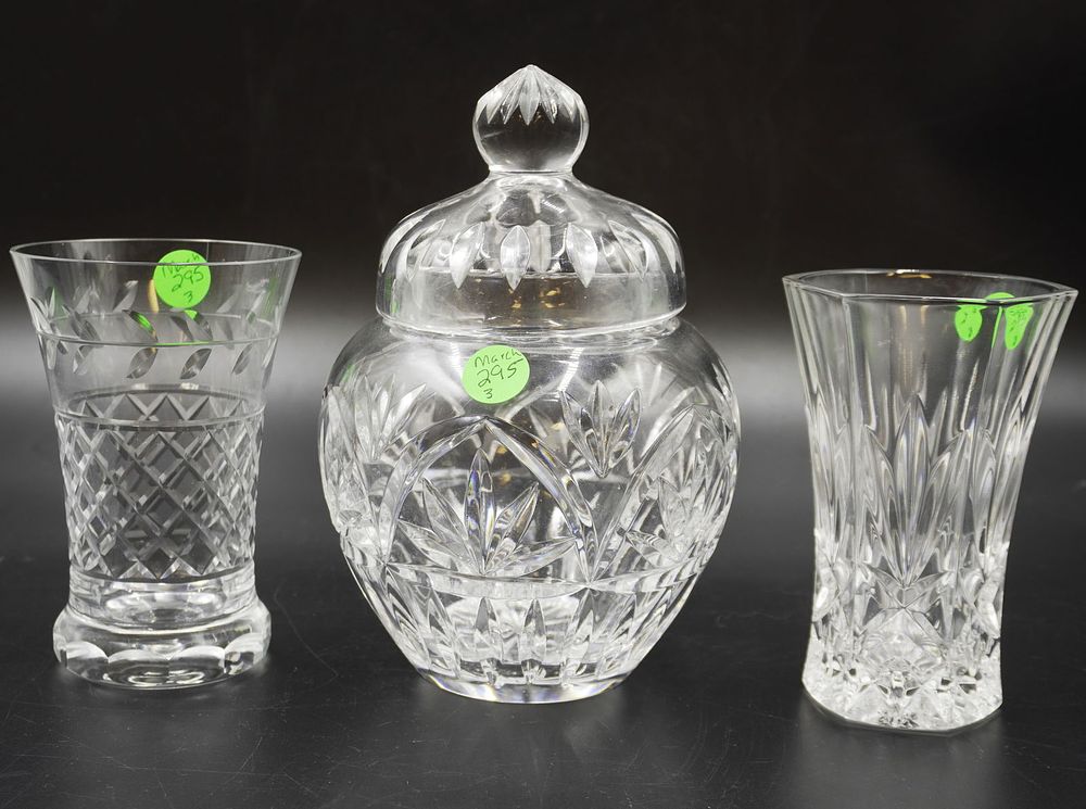 Lot 295: 3 VINTAGE CUT CRYSTAL GINGER JAR & VASES