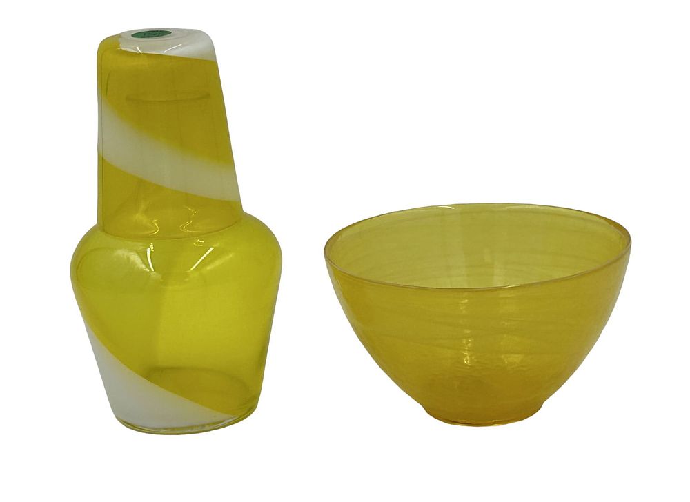 Lot 351: LEMON YELLOW AND WHITE GLASS TUMBLE UP AND ART BOWL