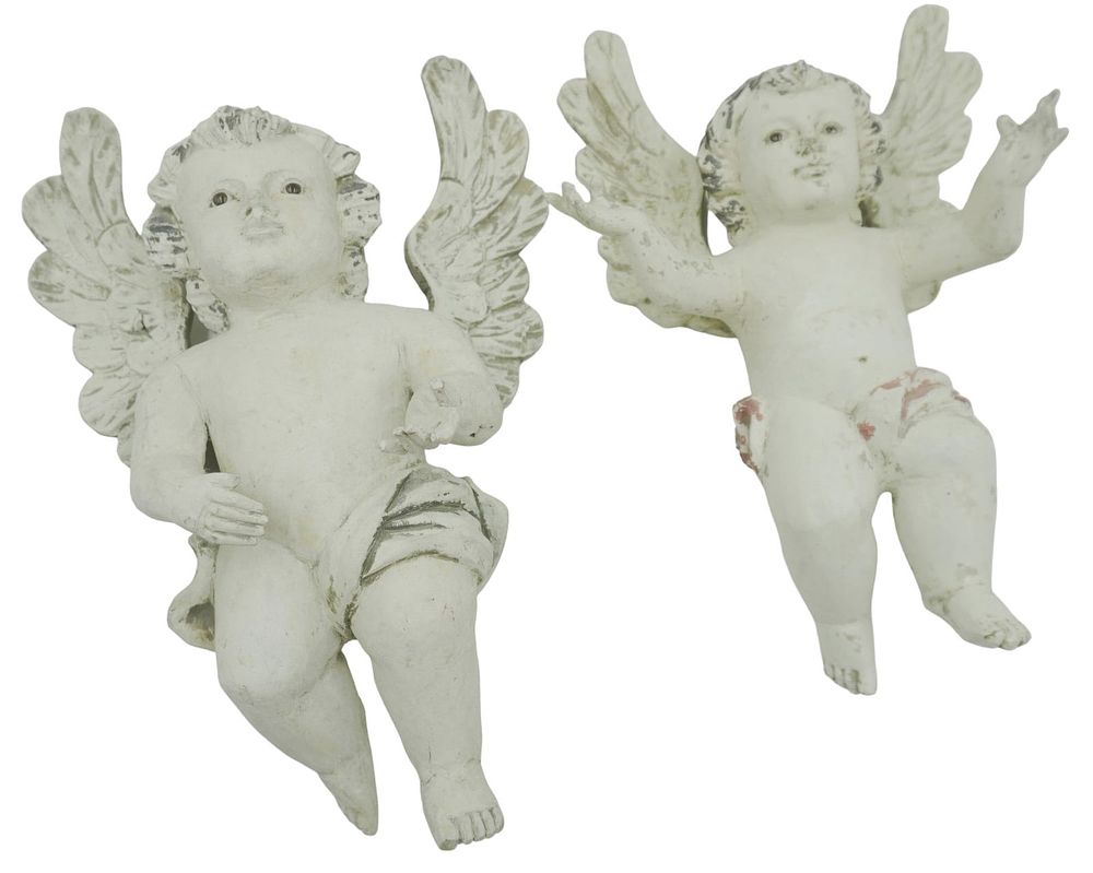 Lot 13: PAIR WOOD & GESSO CARVED CHERUBS WITH GLASS EYES