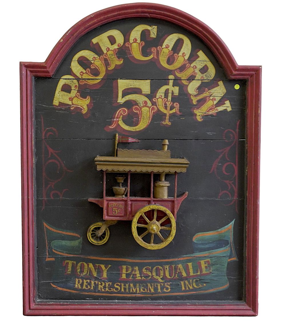 Lot 59: VINTAGE LARGE WOODEN POPCORN SIGN 3D