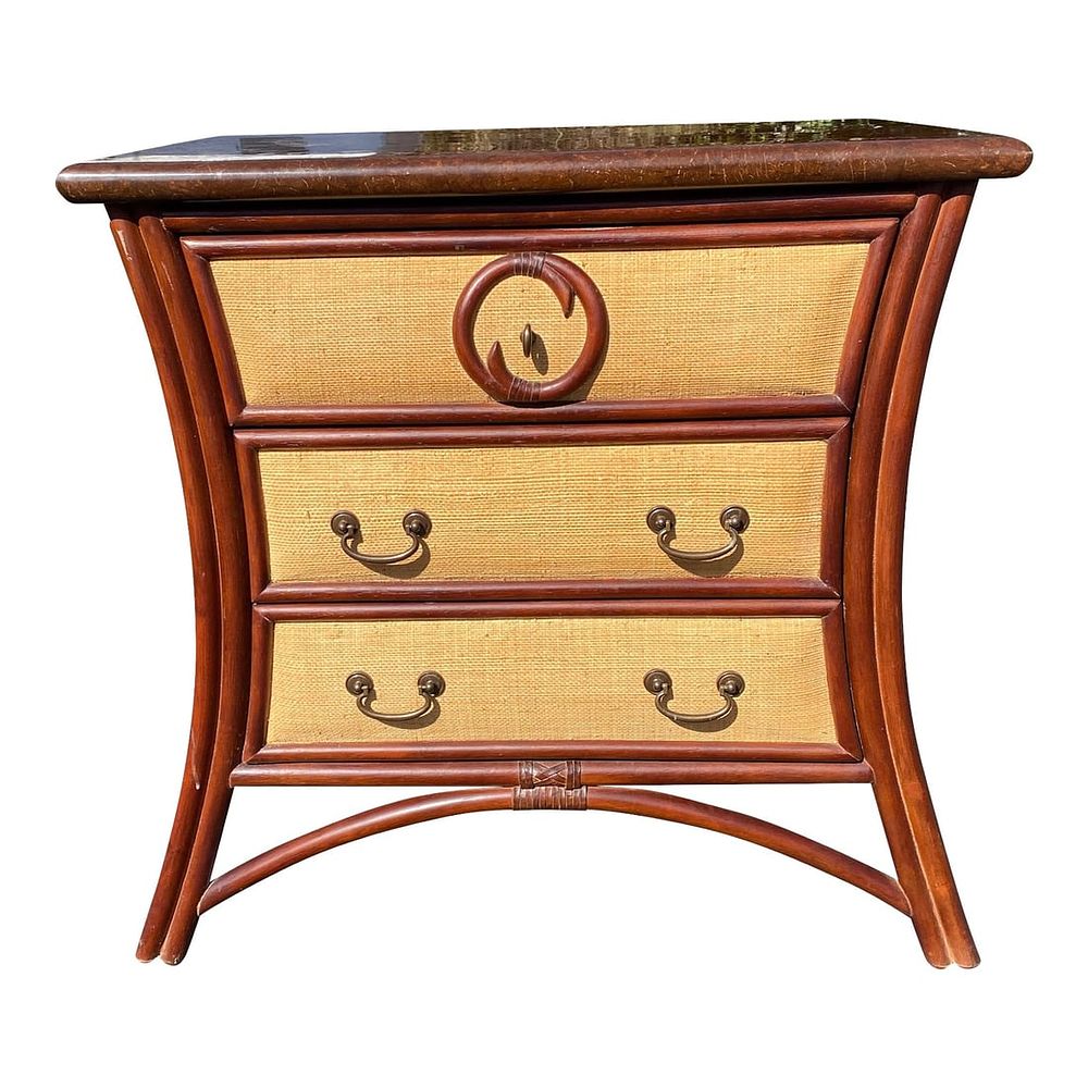 Lot 85: BRITISH COLONIAL STYLE GRASSCLOTH & FAUX BAMBOO 3 DRAWER CHEST