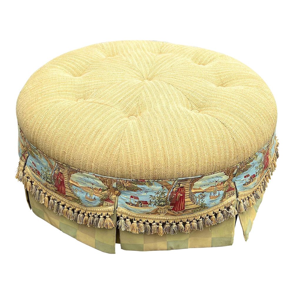 Lot 100: Charles Stewart Sheath Round Asian Modern Tufted Ottoman Cocktail Table 43"