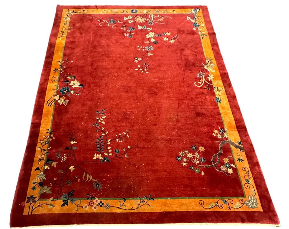 Lot 105: VINTAGE LARGE ART DECO CHINESE CRANBERRY RED RUG