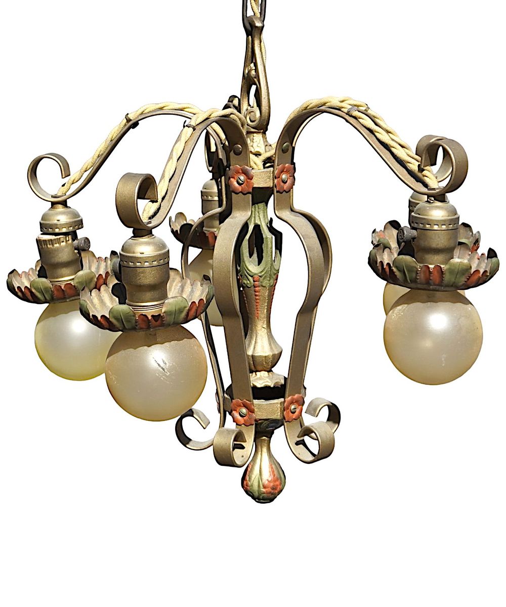 Lot 107: ART DECO POLYCHROME 5 ARM CHANDELIER MARKEL