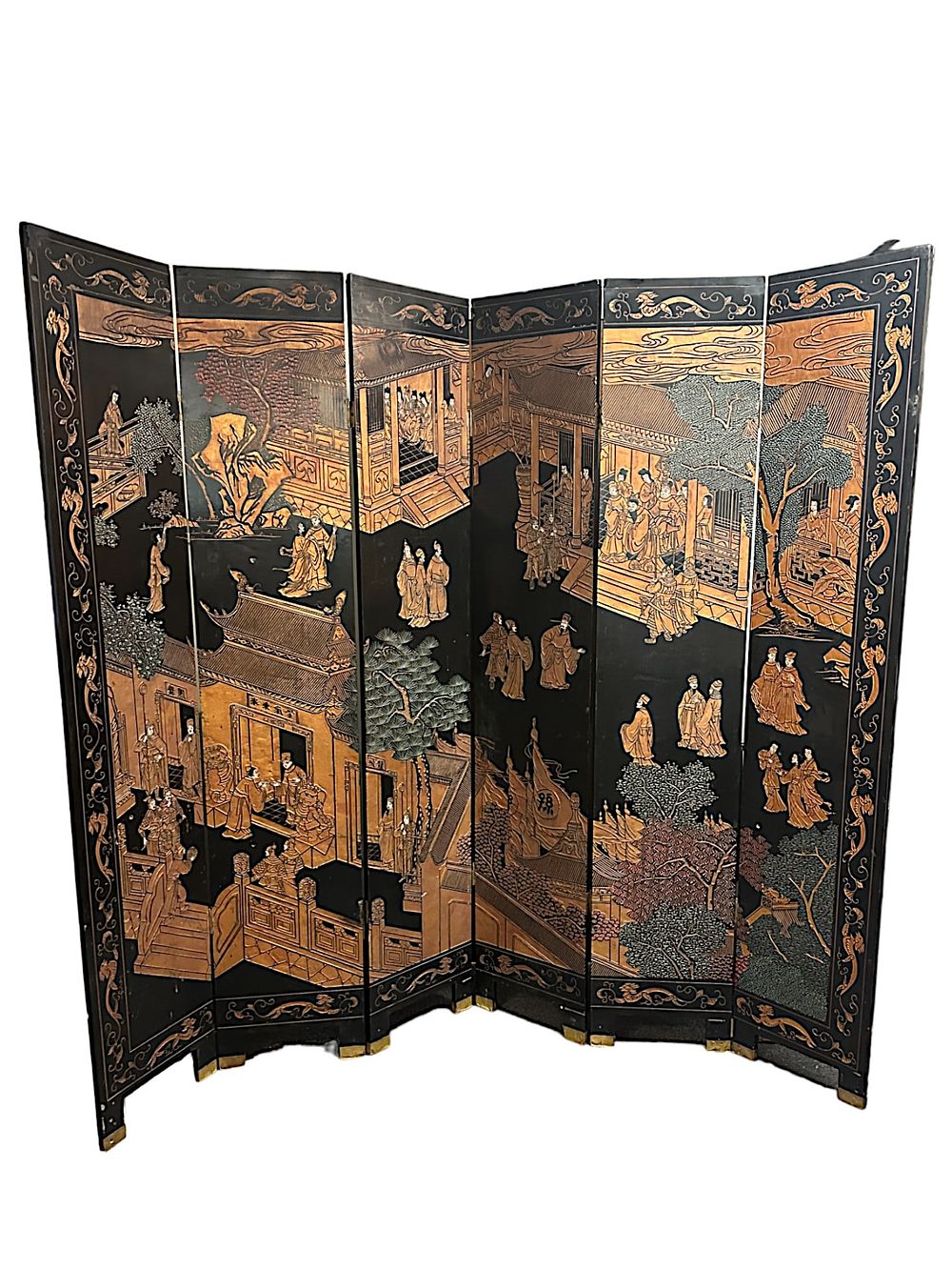 Lot 125: VINTAGE 6 PANEL BLACK LACQUER CHINESE ROOM DIVIDER