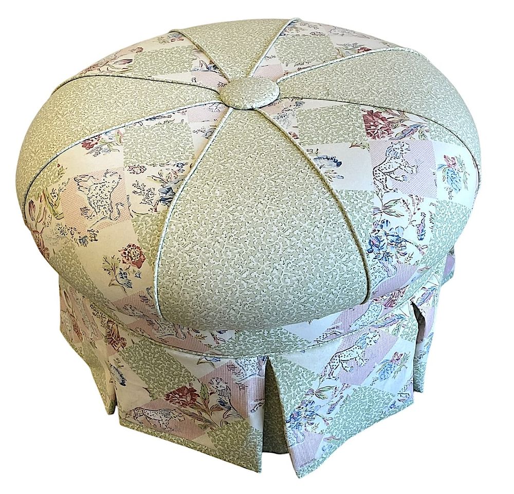 Lot 130: TUFTED ROUND LARGE PLEATED CUSTOM UPHOLSTERED OTTOMAN