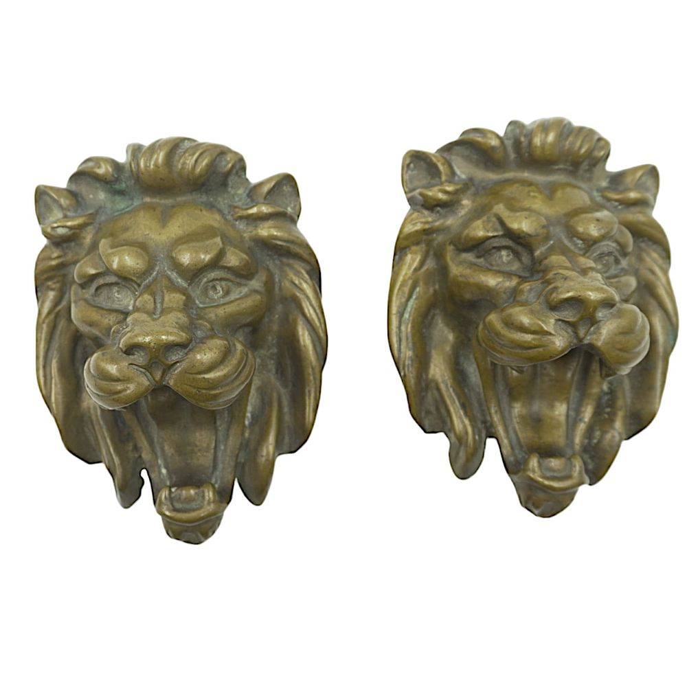Lot 161: PAIR ANTIQUE BRONZE ROARING LION HEADS