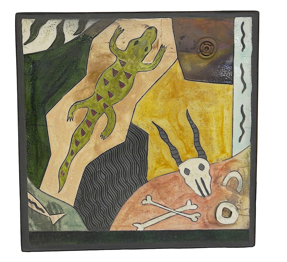 Lot 166: STEPHEN FLEITZ METAL WITH CERAMIC GLAZES WALL ART