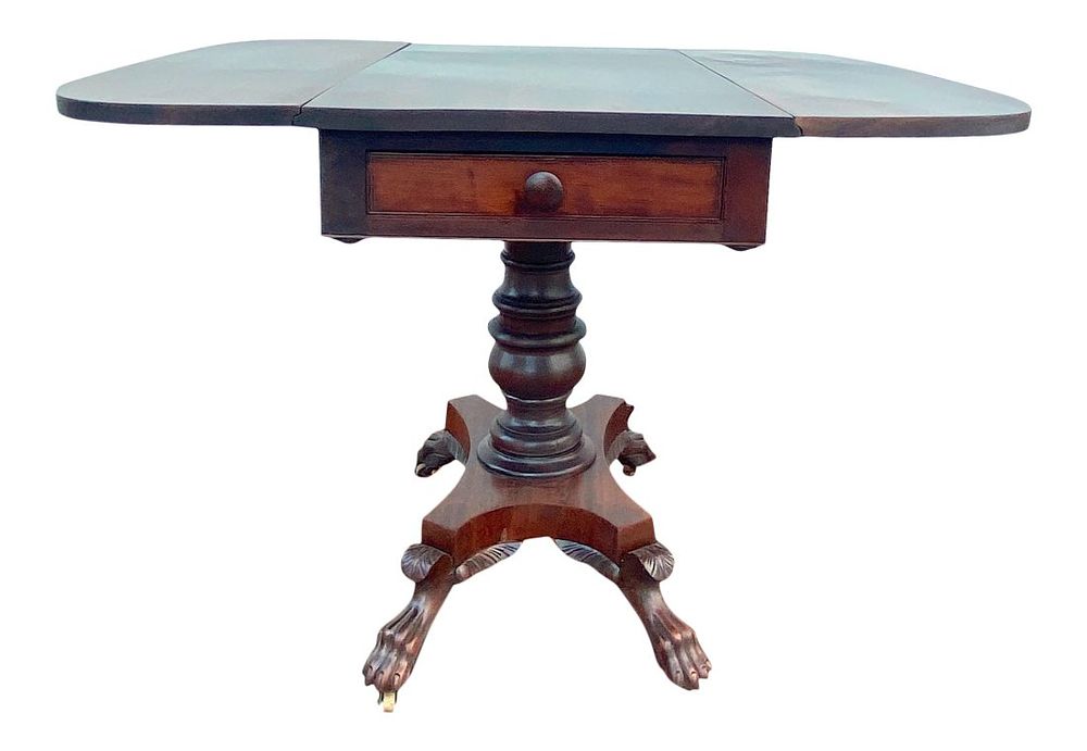 Lot 170: EARLY MAHOGANY DROP LEAF PAW FOOT TABLE
