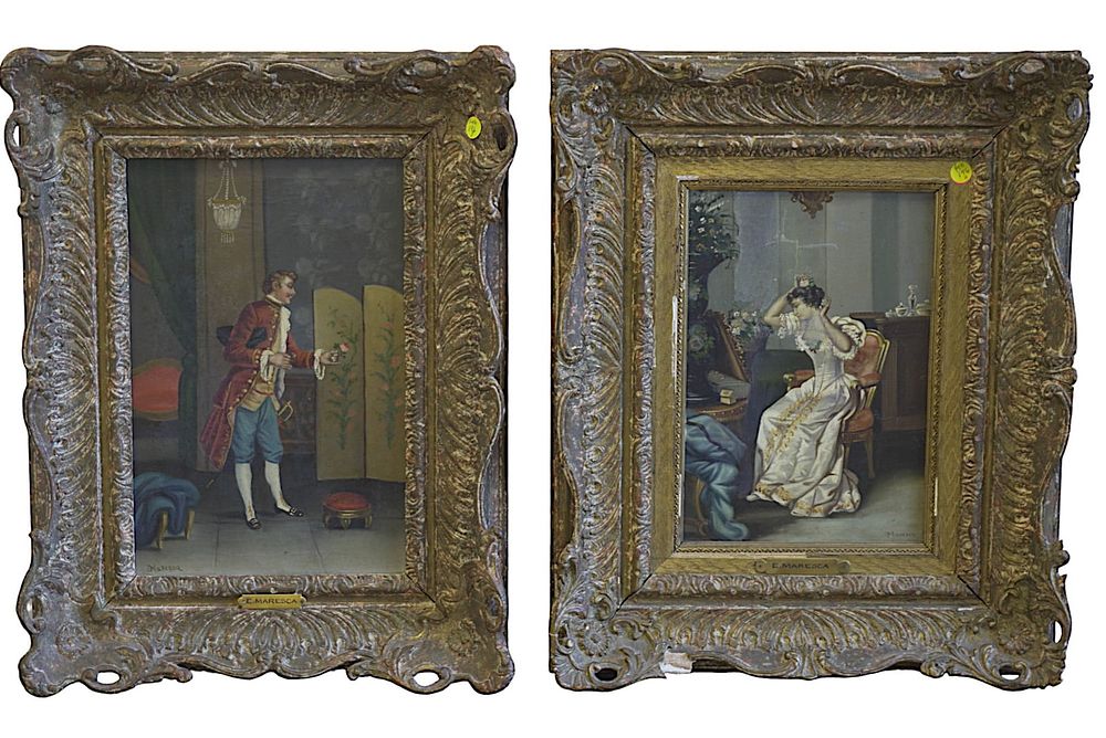 Lot 196: PAIR ITALIAN 19TH C ROMANTIC OIL PAINTINGS
