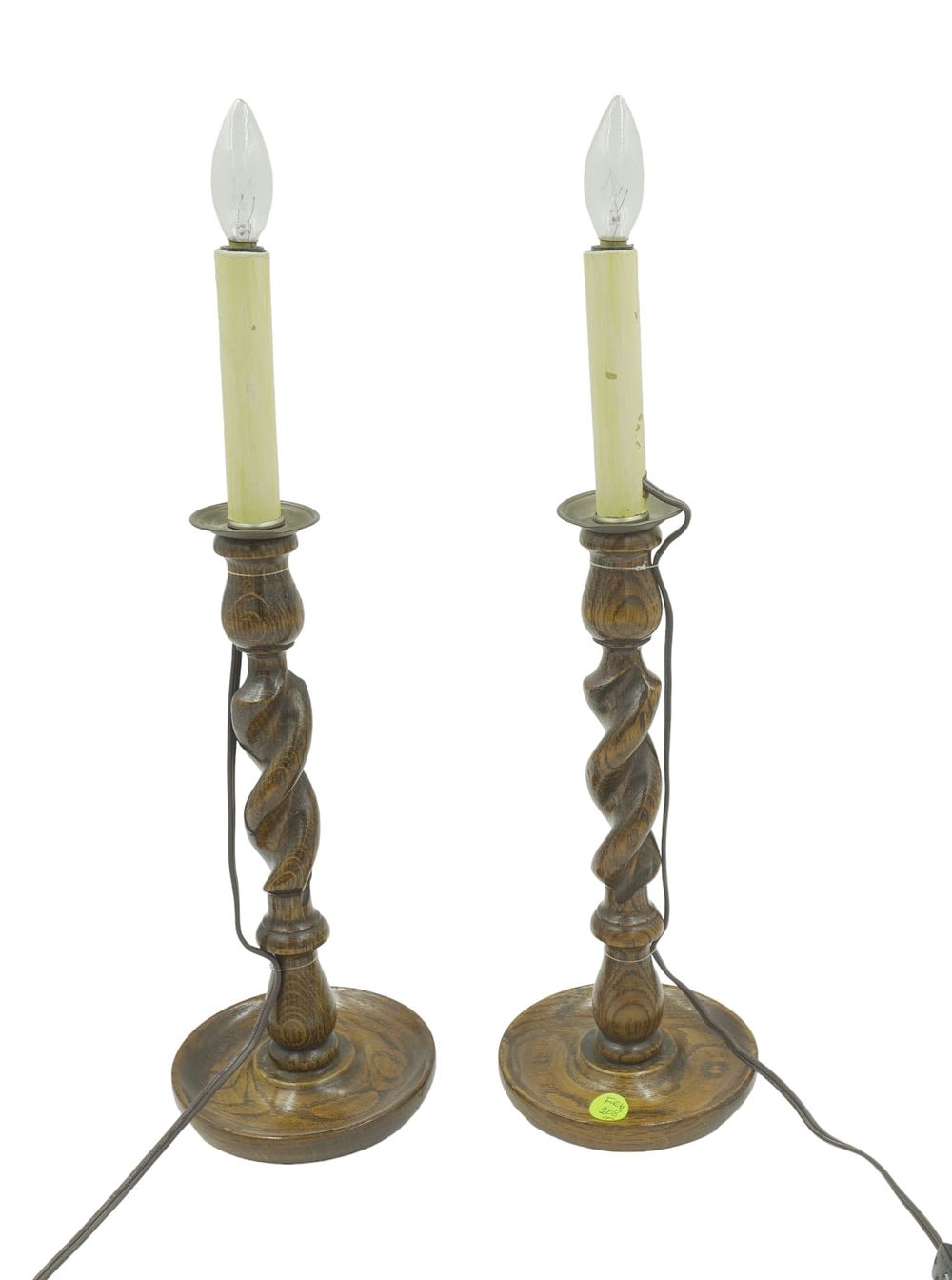 Lot 208: ANTIQUE WALNUT BARLEY TWIST CANDLESTICKS ELECTRIFIED