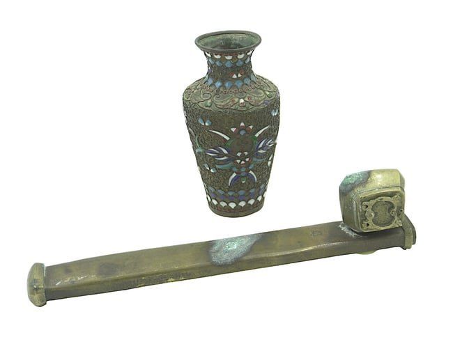 Lot 226: LOT OF ANTIQUE BRASS DIVIT QALAMDAN + CLOISONNE VASE
