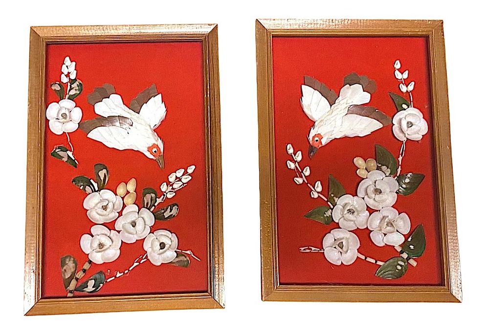 Lot 232: VINTAGE 1960's Chinoiserie Birds and Flowers Shell Wall Art - a Pair