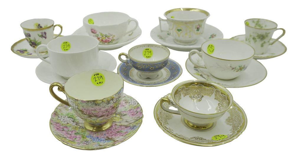 Lot 279: LOT OF ANTIQUE AND VINTAGE TEACUPS WITH SAUCERS - 9 PIECES