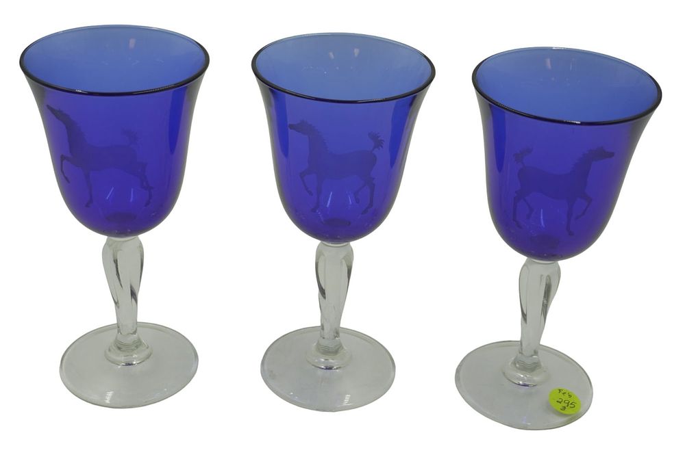 Lot 295: 3 EQUESTRIAN ETCHED COBALT GOBLETS