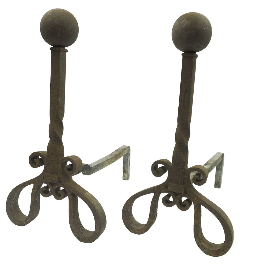 Lot 334: PAIR ANTIQUE 19TH C ANDIRONS