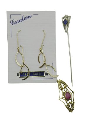 3 PC 14k & 10k GOLD ART DECO JEWELRY. 1- 2 Pair 14k Yellow Gold Pierced Earrings, each 1.25". 2- 