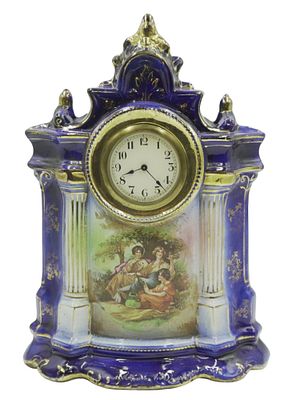 ANTIQUE ENGLISH MANTLE CLOCK DIAMOND POTTERY. Antique English mantle clock 12” 4" x 16” Swiss 
