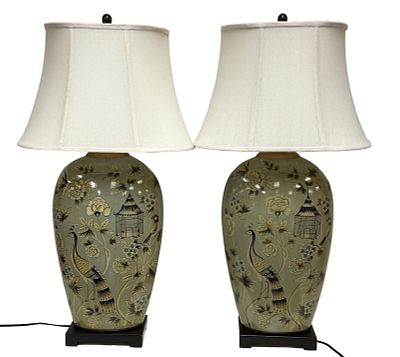 LARGE PAIR CHINOSORIE PORCELAIN TABLE LAMPS. Large Pair of Chnosorie Porcelain Table Lamps. Just 