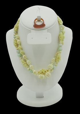 3 PC 1940s CARVED BONE & JADE NECKLACES & RING. 1 - Carved &amp; Pierced Graduated 17" opened 2- 
