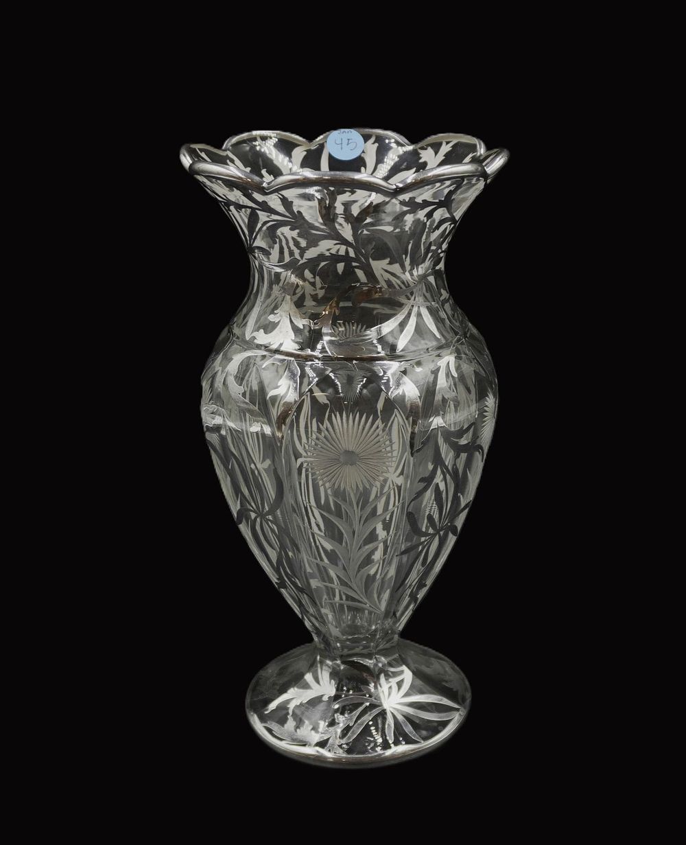 Lot 45: ANTIQUE ART NOUVEAU STERLING SILVER OVERLAY AND ETCHED GLASS VASE