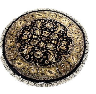 HAND KNOTTED WOOL ROUND RUG 49". Hand Knotted Round Rug 49"x49". Black with cream and taupe. 