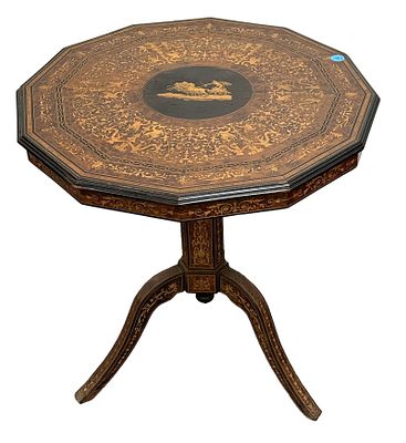 ANTIQUE MARQUETRY TILT TOP TABLE. Antique Fruitwood Marquetry Tilt Top Table. Measures 