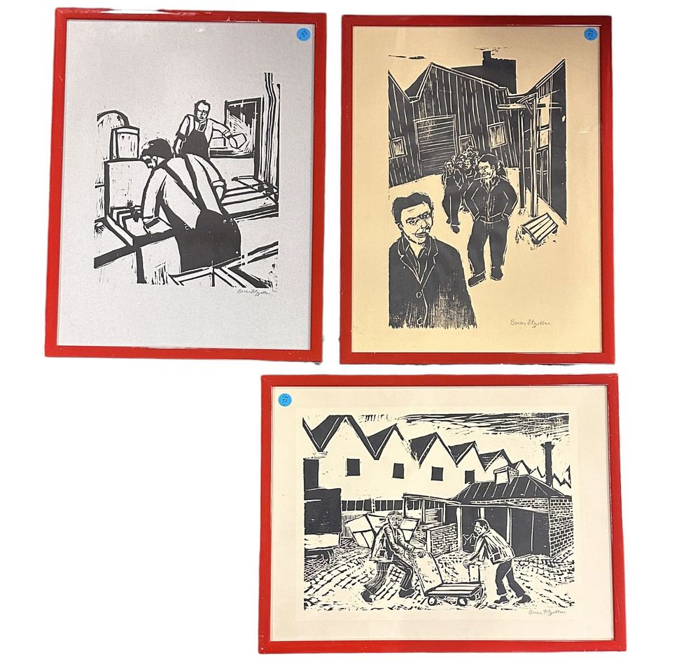 Lot 52: 3 VINTAGE GERMAN INDUSTRIAL WOODBLOCKS BRIAN FITZGIBBON PROFESSIONALLY FRAMED