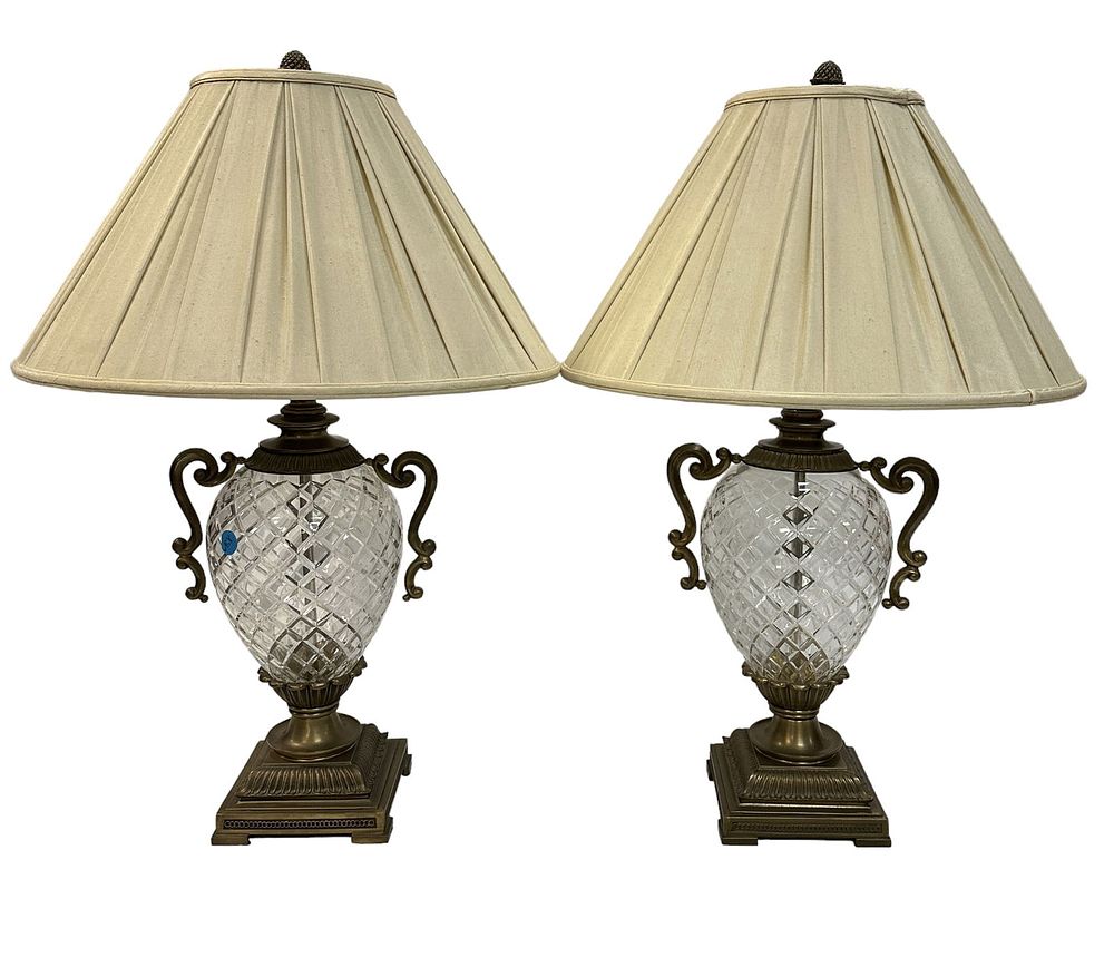 Lot 60: MATCHED PAIR HOLLYWOOD REGENCY CRYSTAL LAMPS