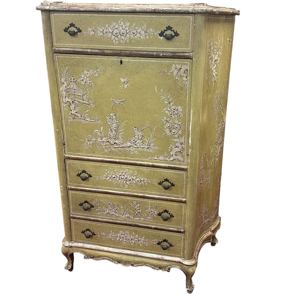 Lot 83: ANTIQUE FALL FRONT FRENCH STYLE CHINOISERIE PAINTED WRITING BUREAU CHEST