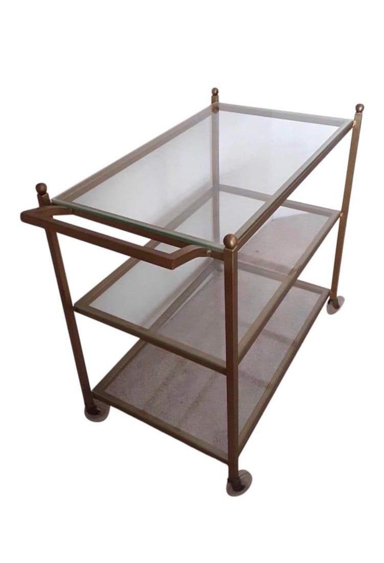 Lot 93: HOLLYWOOD REGENCY STYLE GLASS & GOLD TONE BAR CART / SERVER