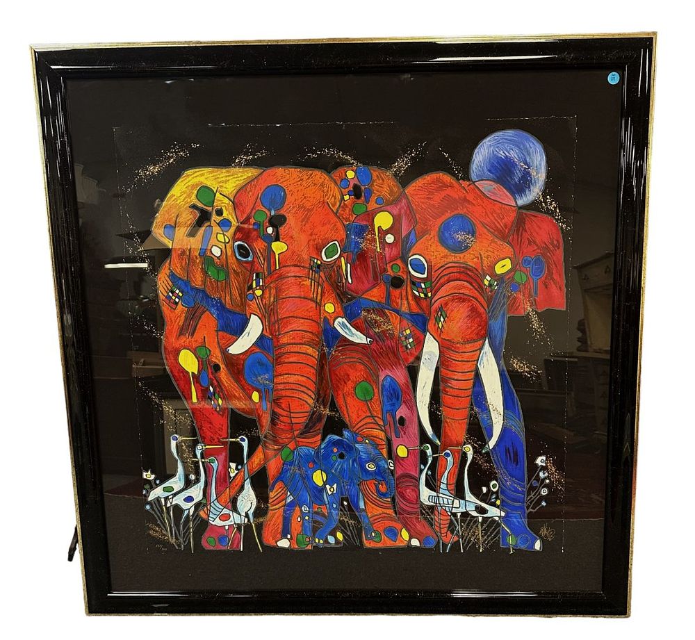 Lot 111: LARGE JIANG TIEFENG ELEPHANT FAMILY SERIGRAPH
