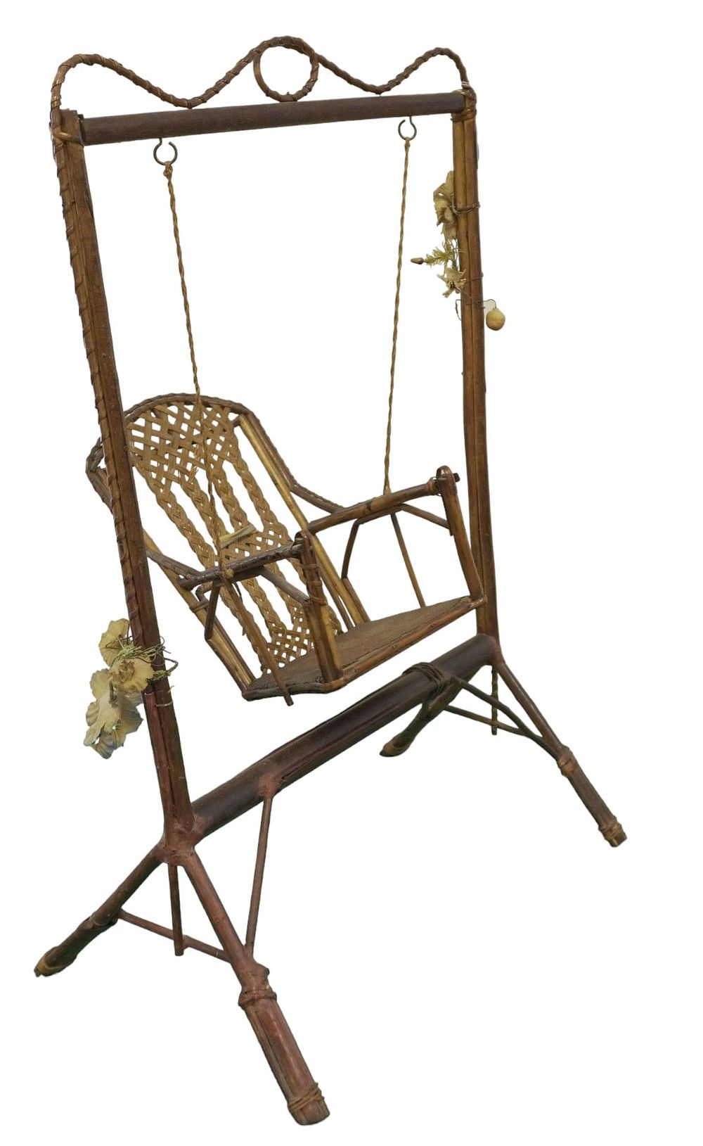 Lot 203: ANTIQUE FRENCH RATTAN & WICKER DOLL SWING CHAIR