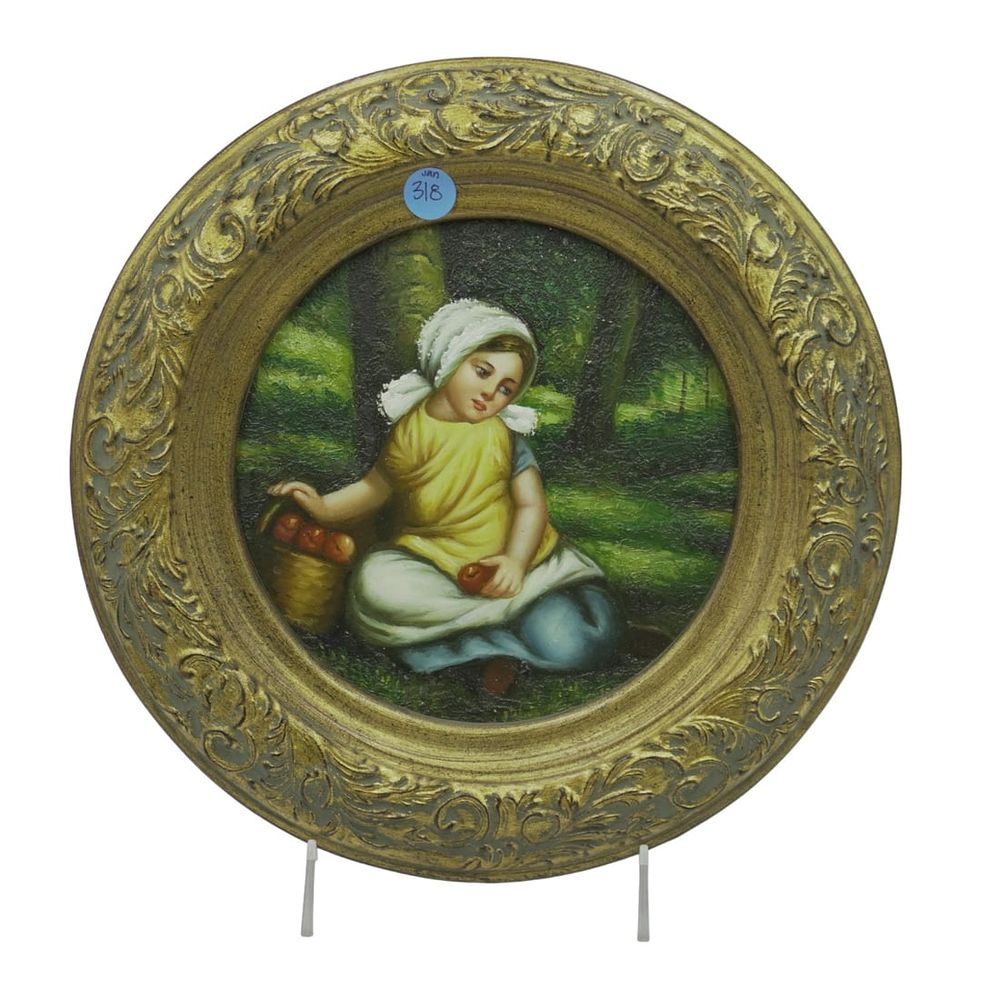 Lot 318: ROUND VINTAGE OIL ON WOOD PAINTING IN GOLD FRAME