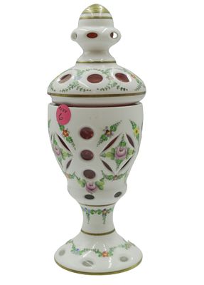 BOHEMIAN CZECH GLASS HAND PAINTED CANDY. Bohemian Czech Glass Hand Painted Floral Cut White 