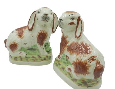 LARGE ViNTAGE STAFFORDSHIRE STYLE RABBITS. Pair of Large Vintage 20th c Staffordshire Style 