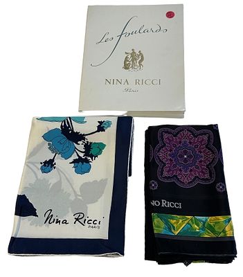 2 STEFANO RICCI & NINA RICCI SILK SCARVES. Stefano Ricci Italian Silk Large Scarf Black Purple 