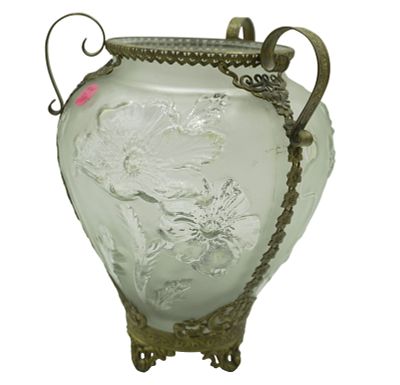 FROSTED GLASS POPPY VASE WITH GILDED BRASS. 20th Century Frosted Glass Art Nouveau Style Poppy 