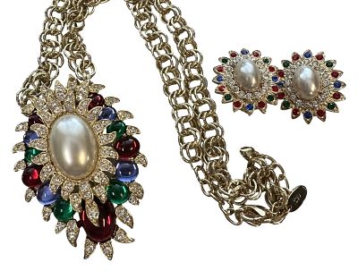 LARGE SCAASI DEMI PARURE NECKLACE & EARRINGS. Large Scaasi Statement Necklace Rhinestone &amp; 