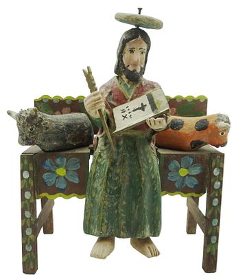 VINTAGE FOLK ART JESUS WITH COWS. Vintage Folk Art Jesus on a Bench with 2 Cows. Measures 