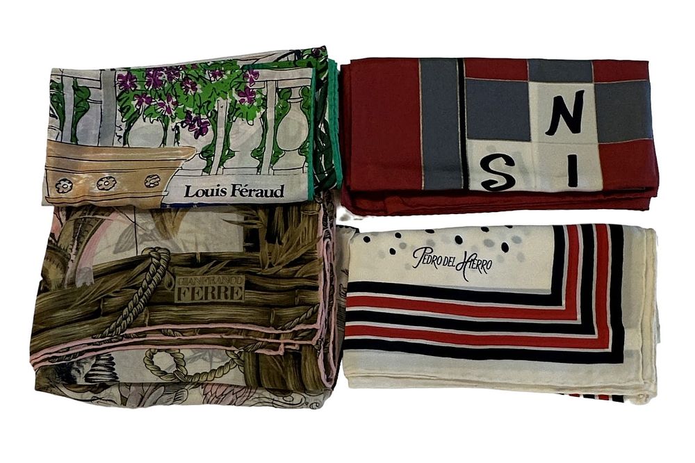 Lot 227: 4 VINTAGE SILK SCARVES HIERRO - FERRE - FERAUD - PICASSO