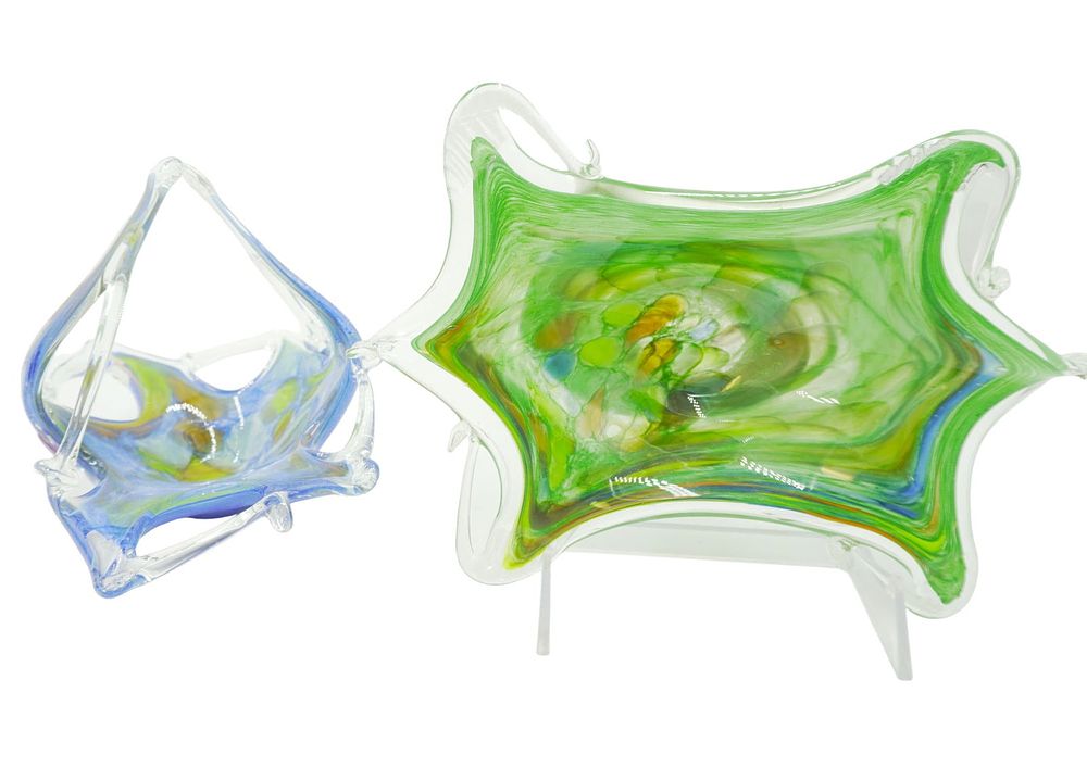 Lot 247: 2 pc MURANO ART GLASS BASKET & CANDY DISH