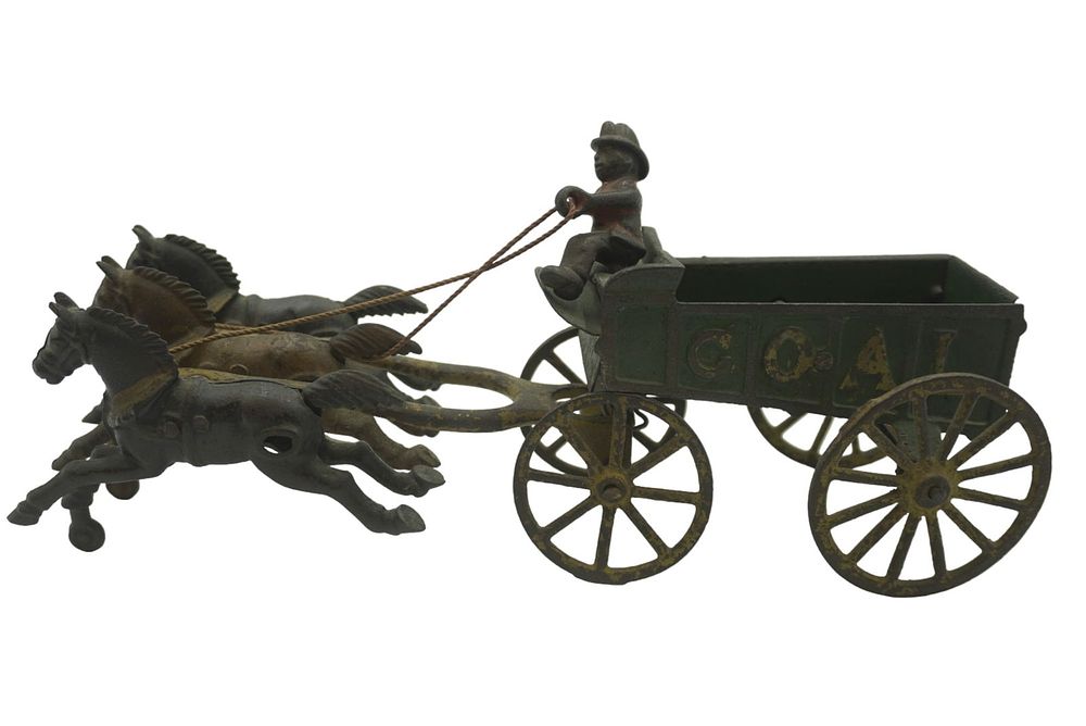 Lot 303: ANTIQUE CAST IRON HORSE DRAWN COAL WAGON