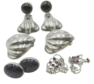 4 PAIR STERLING EARRINGS. DRUZY - ONYX - RHINESTONES. All are sterling. 1- Vintage MCM Carl Art 